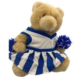 Cheerful Teddy Bear in Blue and White Outfit